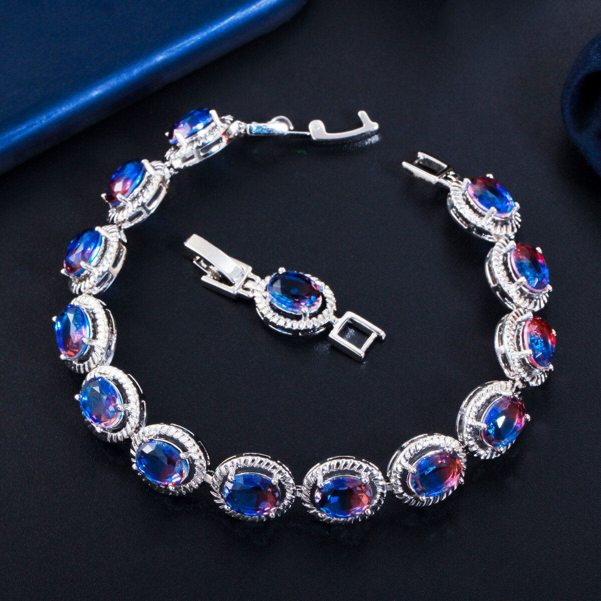 Silver Plated Fire Red Rainbow CZ Round Chain Oval Bracelet for Women Engagement
