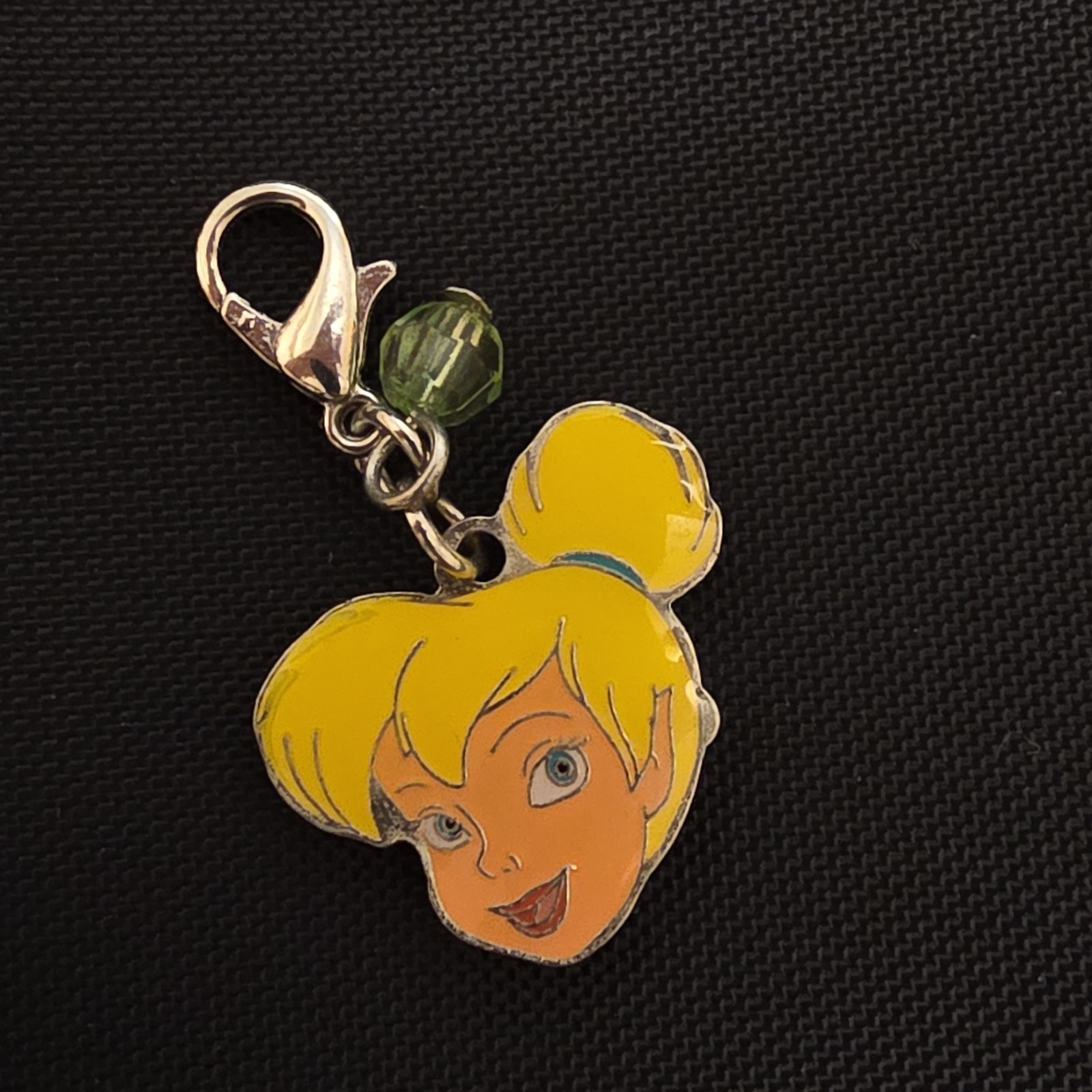 Yellow Enamel Girl Face Dangle Charm Lobster Clasp Green Crystal