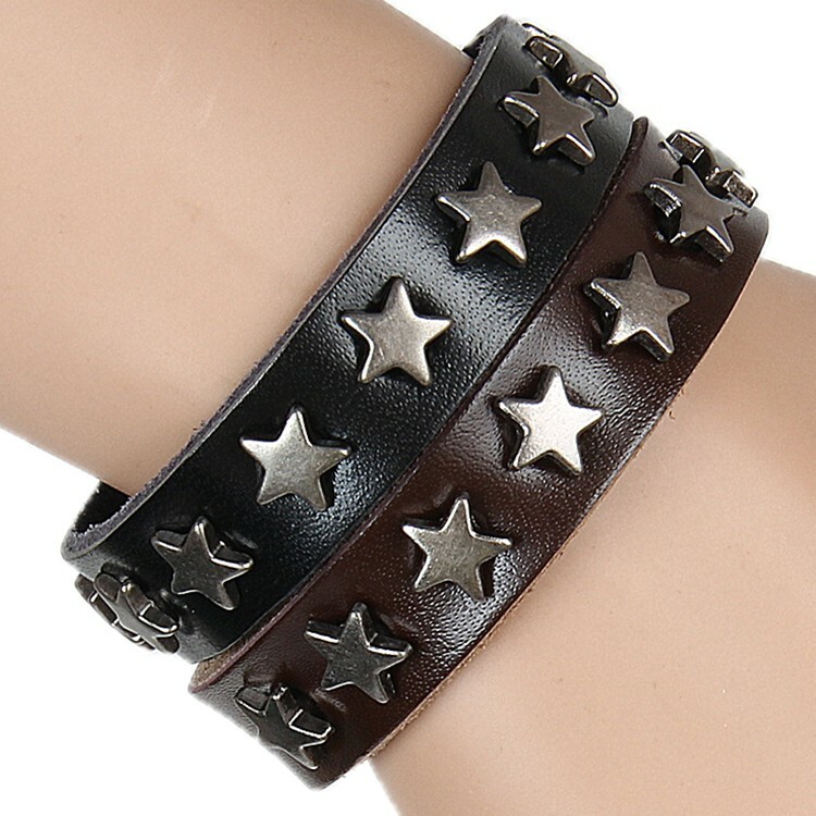 1-4PCS Men Women Star Metal Wristband PU Leather Cuff Bracelet Bangle Gift US