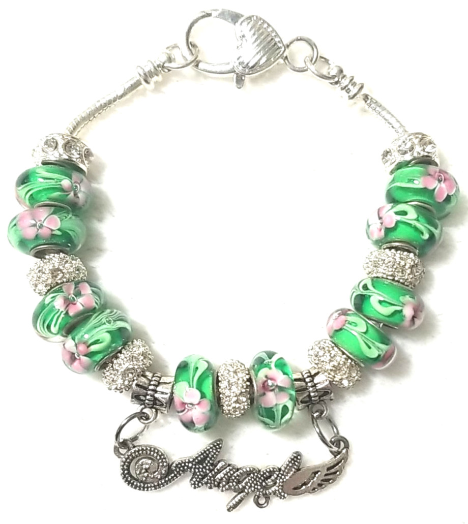 8.3″ Angel Charm Murano Lampwork Glass Beads Rhinestone Spacers Bracelet