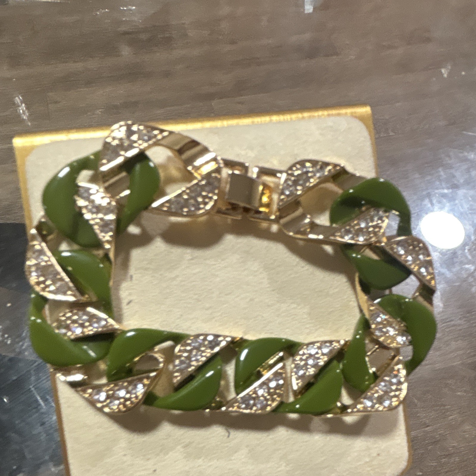 Gold Tone Green Link Chain Bracelet Clear Crystal Accents White/Colorless