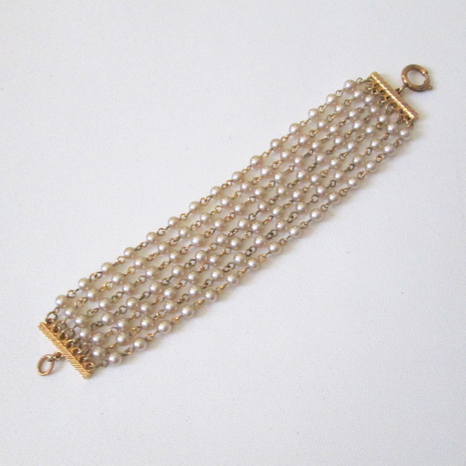 Vintage Faux Pearl Multi Strand Goldtone Bracelet Germany 6″ Long