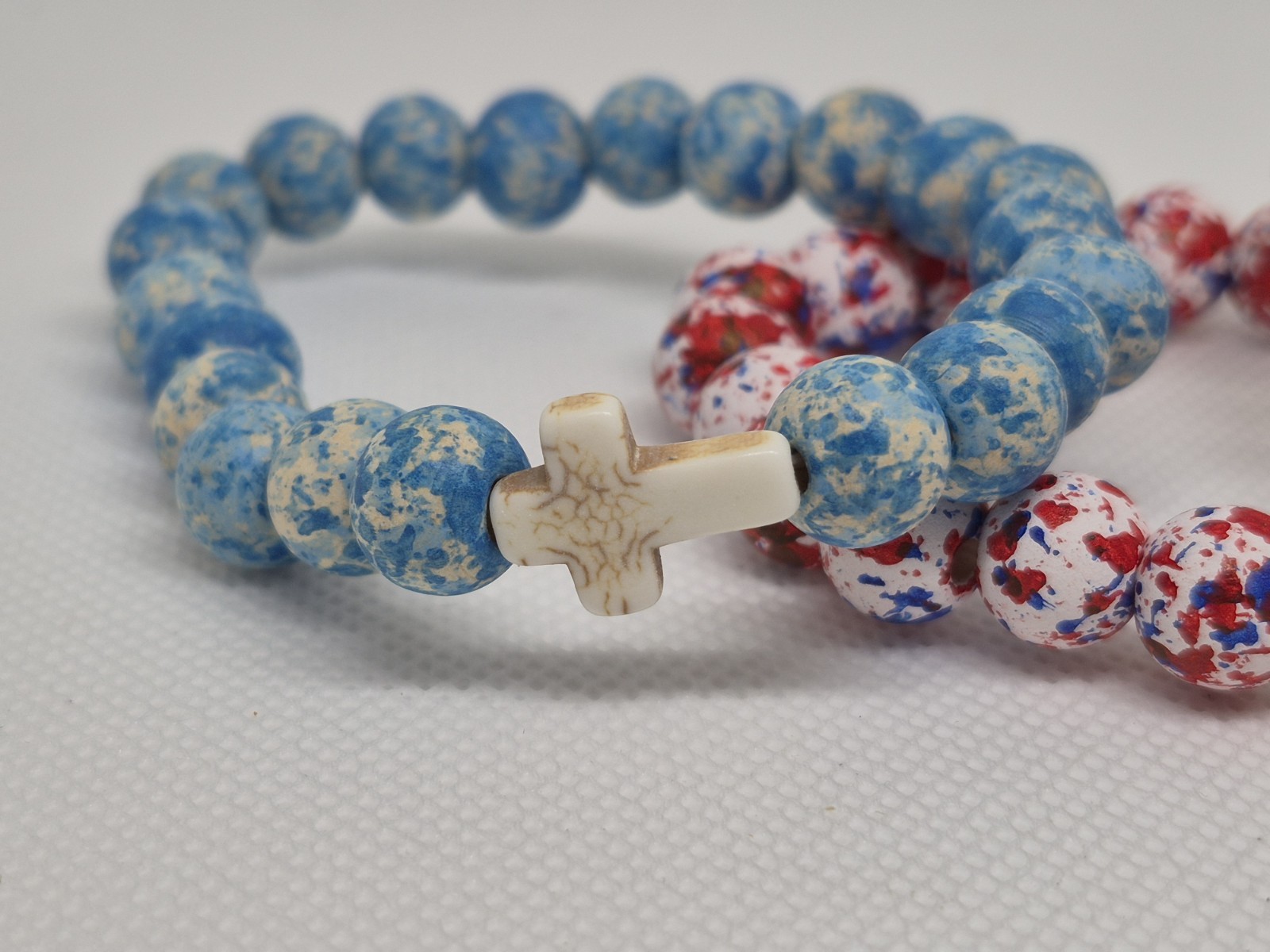 Set of 3 Multicolor wood Round Beaded Stretch Bracelets w/ Cross Dangle Charms