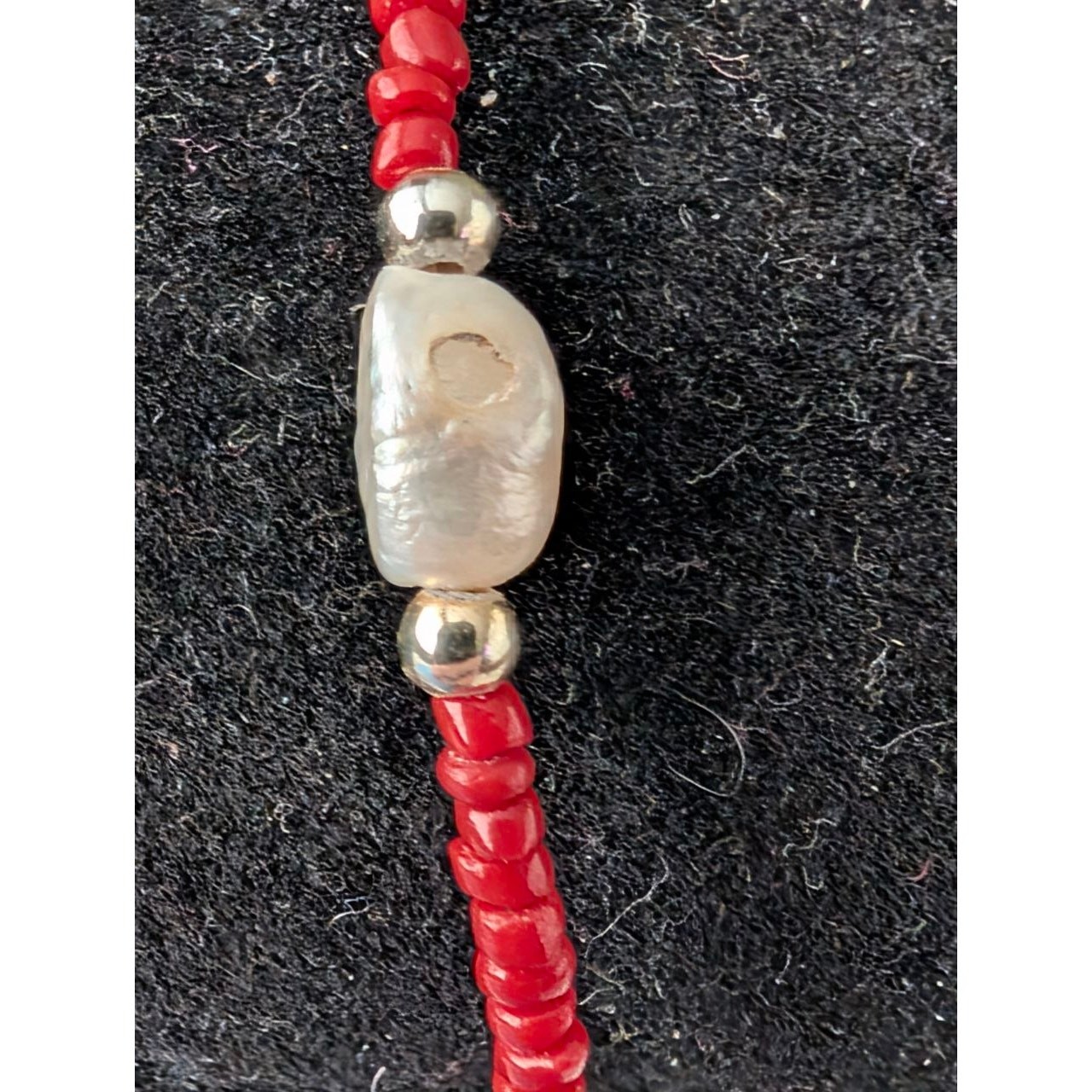Silver Tone Bracelet With Red & Silver Beads & Faux Pearls