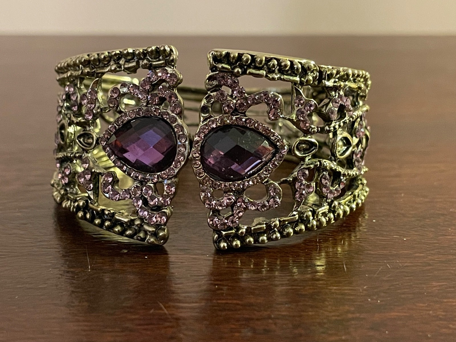 Stunning Clamp Bracelet Gold Tone w/Pink Rhinestones & Two Lg Purple Cabochons