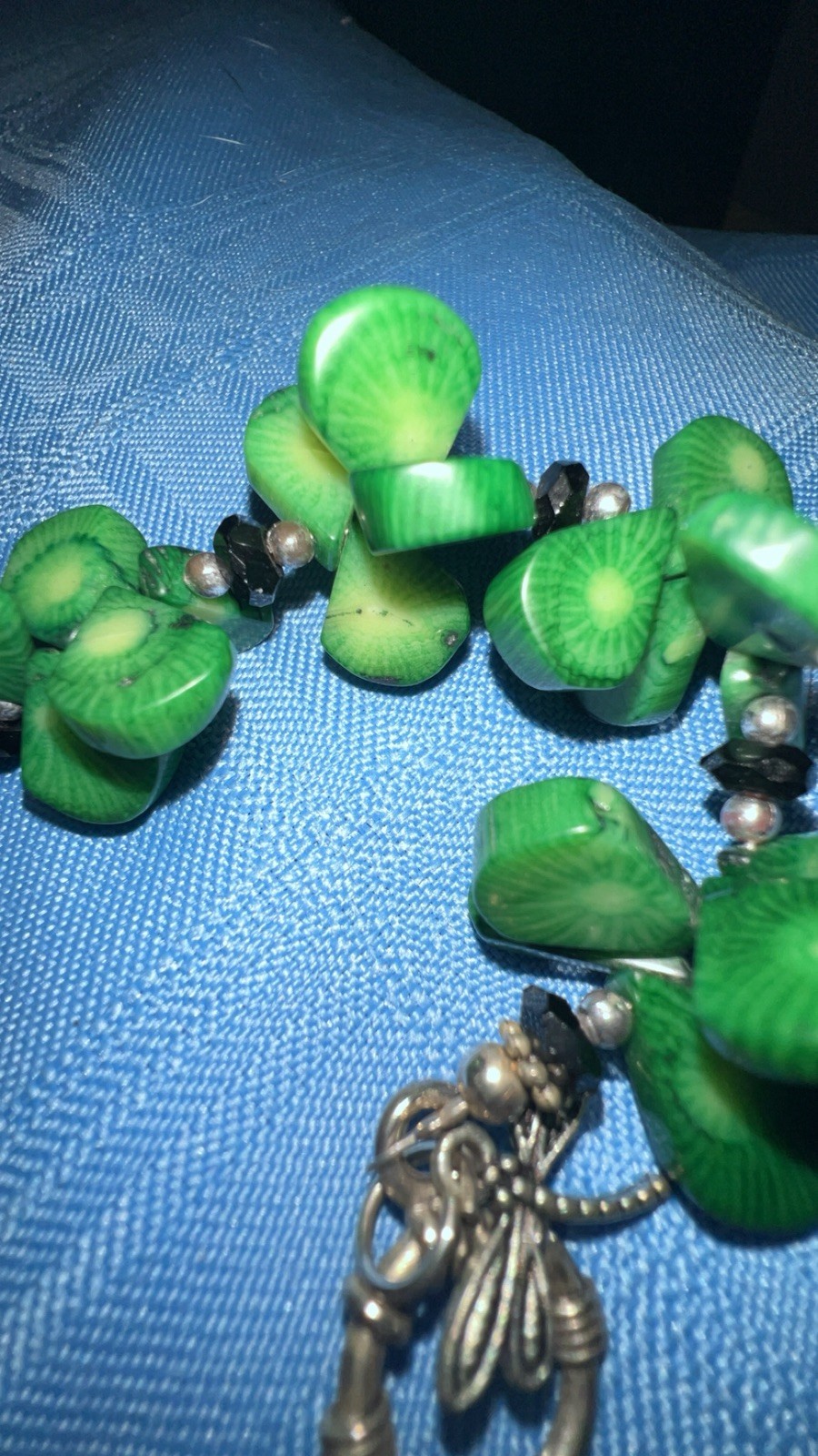 Green Clover Statement Bracelet – Carved Beads, Dragonfly Charm, Toggle Clasp