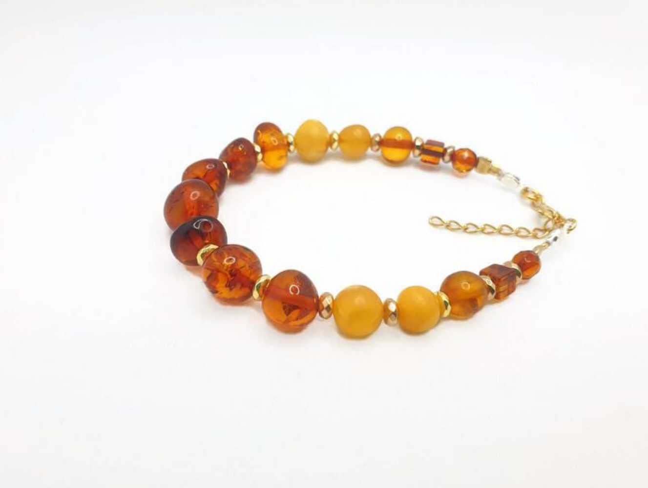 Baltic Amber Bracelet – Cognac Amber Beads, Gold Hematite Spacer & Sterling Silv