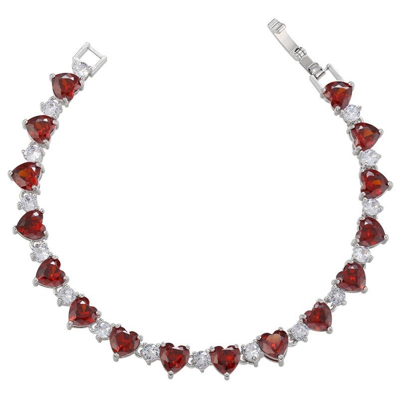 Red Garnet Heart Cut Tennis Bracelet Silver Tone Women’s Style Jewelry For Her