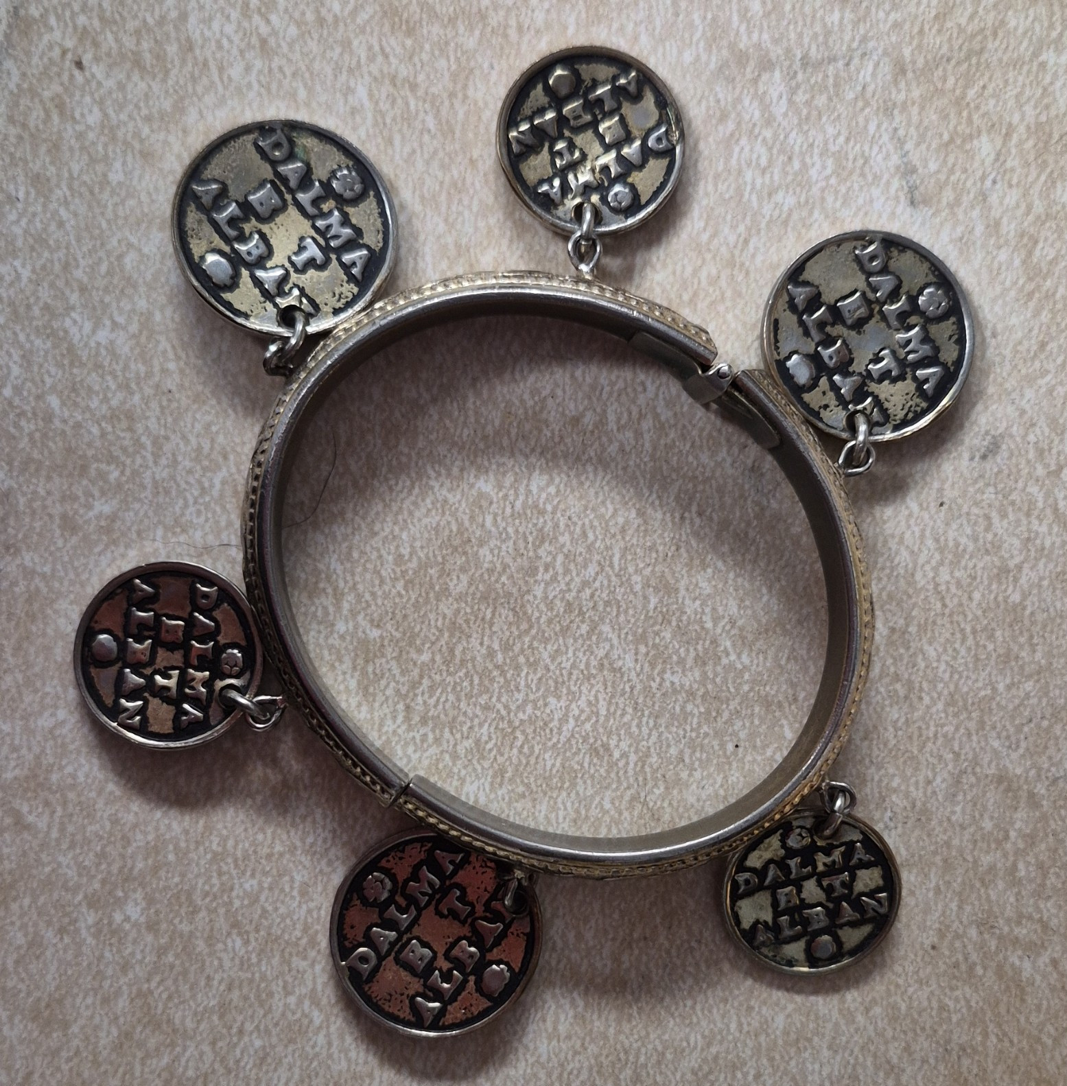 Silver-Tone Hinged Bangle Charm Bracelet w/ 6 Round Dangle Coin Charms