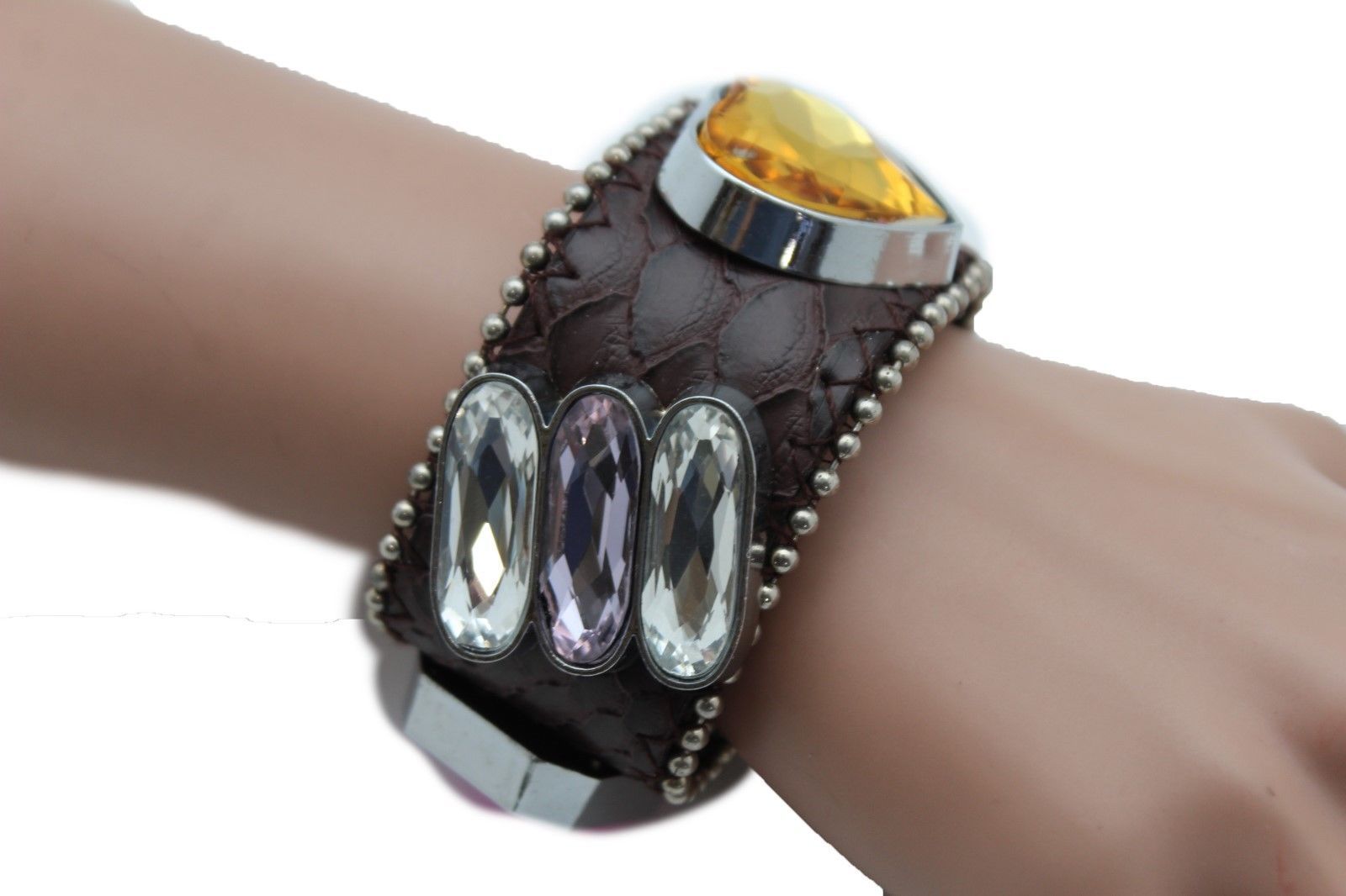 Women Brown Leather Bracelet Fashion Silver Rhinestone Beads Orange Purple Heart