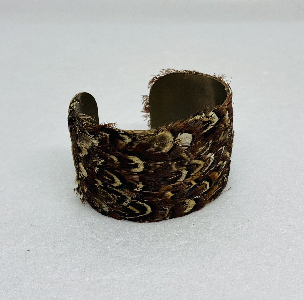 Rare Pheasant Feather Brass Cuff Bracelet 7.5” Signed Handcrafted Art Decor 20