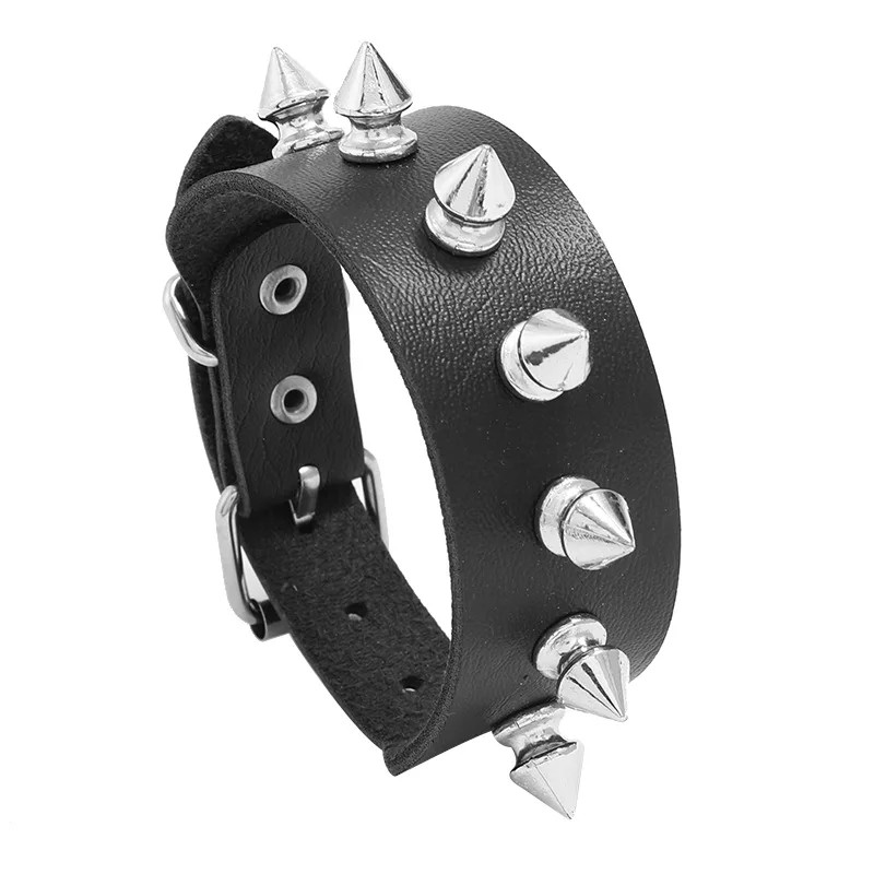 Faux Leather Wrap Bracelet Women Double Row Spiked Black Round Layered Jewelry