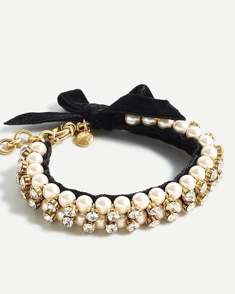 NEW J CREW Pearl and Crystal Bracelet with Velvet Bow