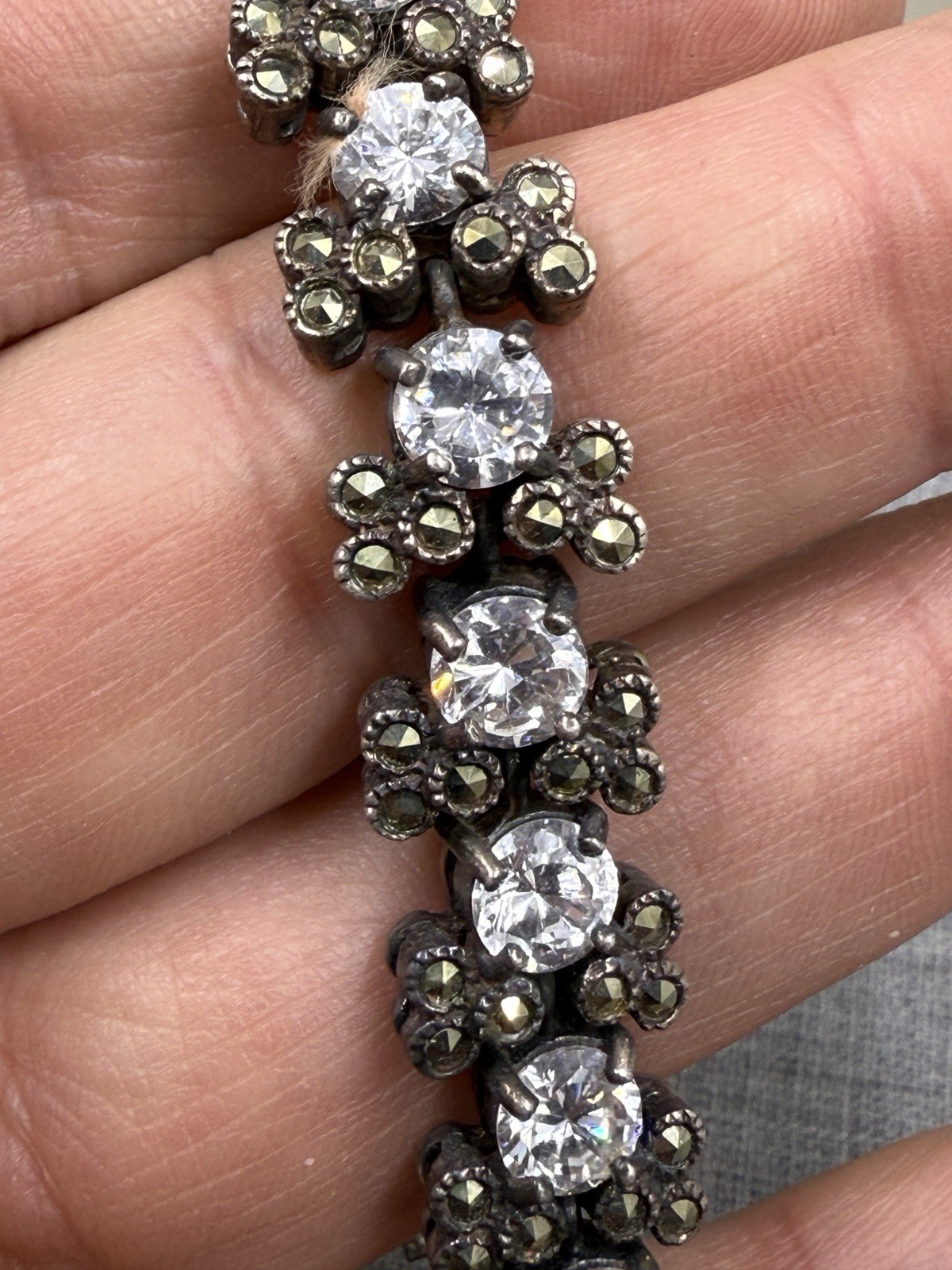 Marcasite & Crystal Cluster Link Sterling Silver .925 Tennis Bracelet 7.75″
