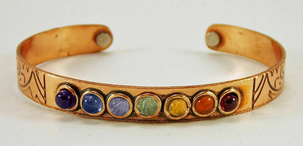 Copper 7 Chakra Crystal Bracelet Adjustable Magnetic Cuff Reiki Healing Gemstone