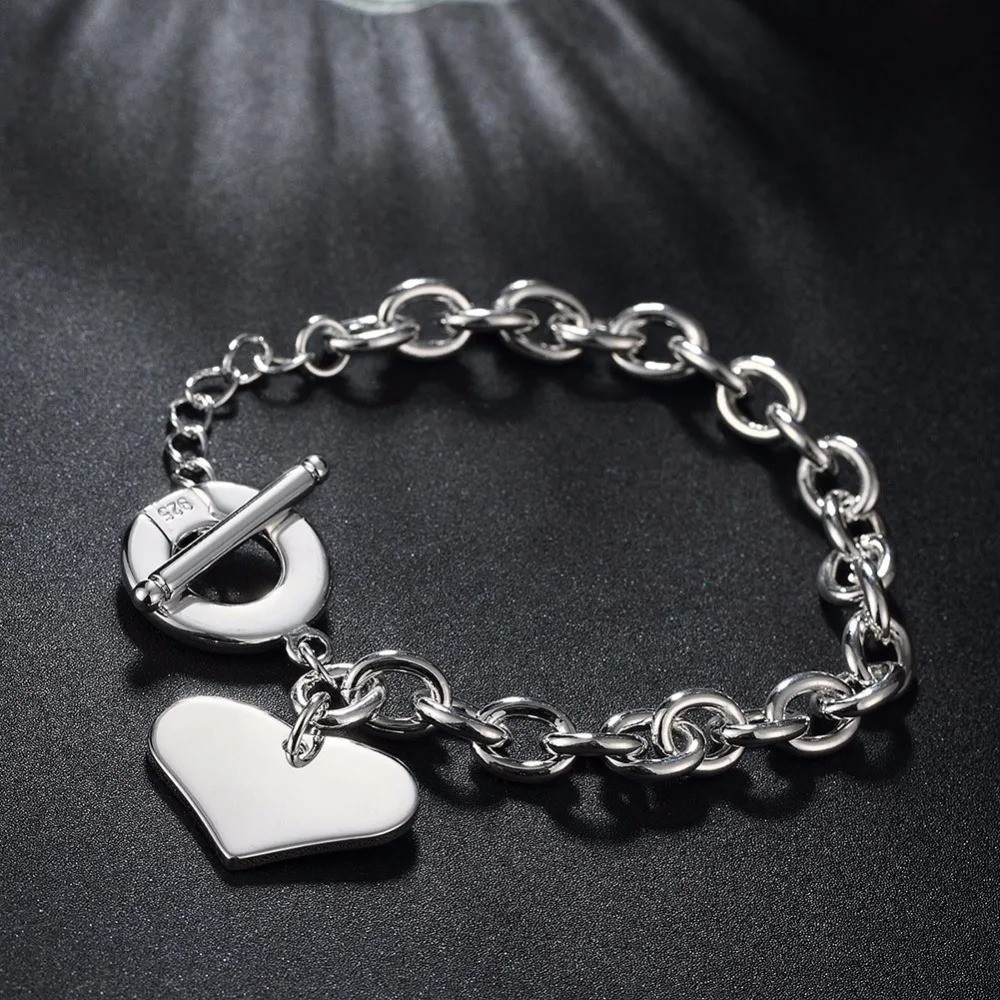 925 Sterling Silver Heart Pendant Thick Chain Bracelet Women Fashion Jewelry