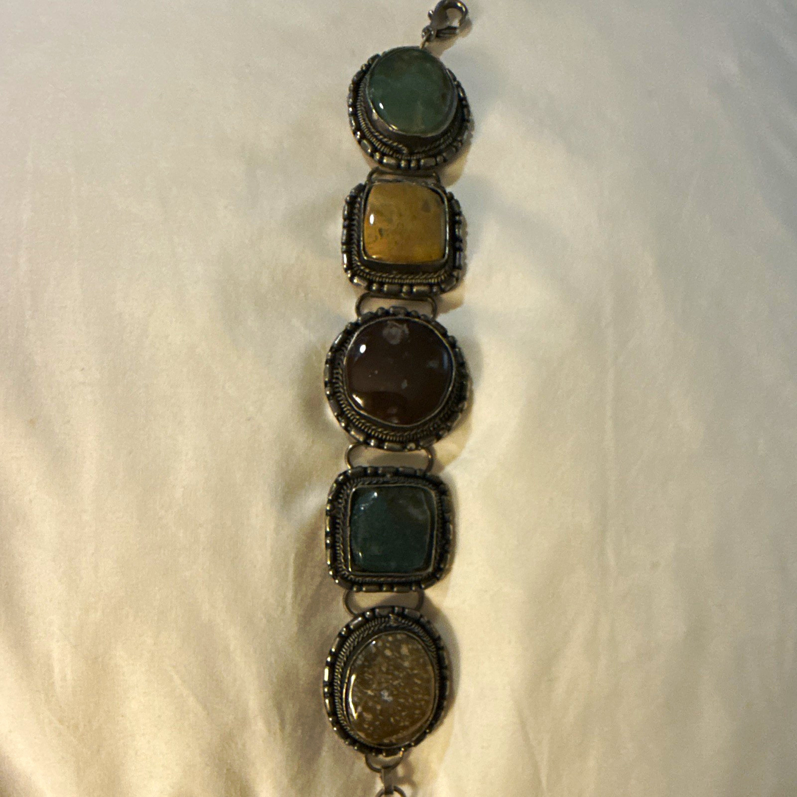 Silver-Tone Metal Link Bracelet, Multicolor Oval Cabochon Bezel Set, Lobster