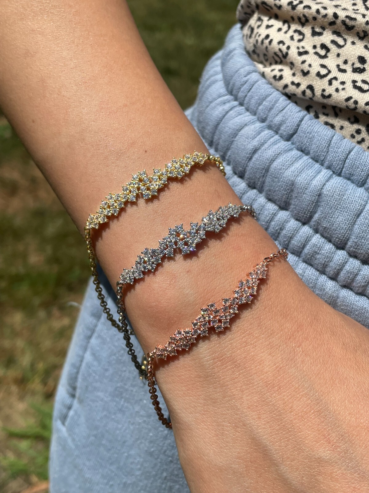 Real 925 Silver Yellow Rose Gold Plated Iced Cluster Round CZ Bracelet