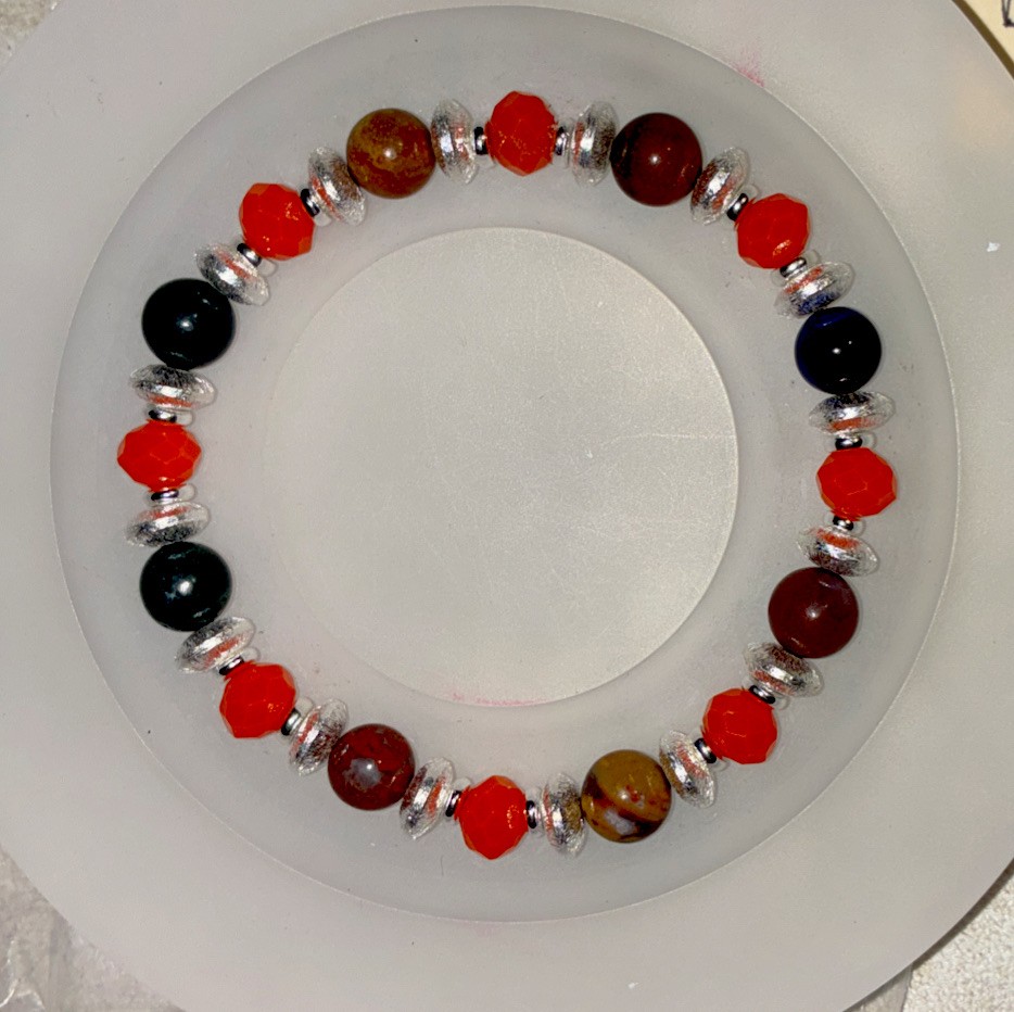 Bracelet Stretchy Brown Quartz Orange Glass Beads & Silver Discs Size 6.5”