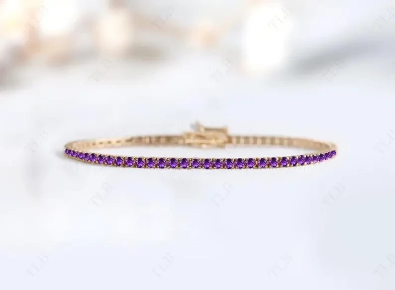 7.85Ct Round Cut Simulated Amethyst Fancy Tennis Bracelet 14K Yellow Gold Plated