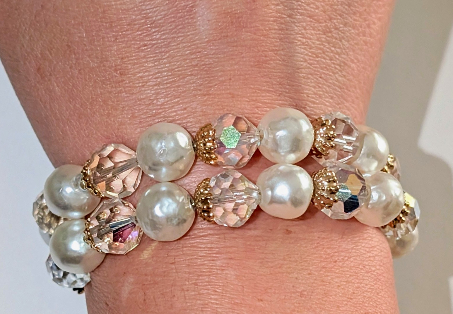Handmade Faux Pearl & Crystal Sparkle Beaded Wrap Bracelet White And Gold Tone