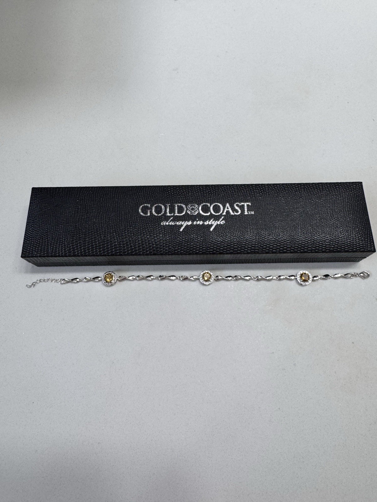 Gold Coast Platinum Plated Bracelet Lobster Clasp Adjustable 3 Citrine Stones