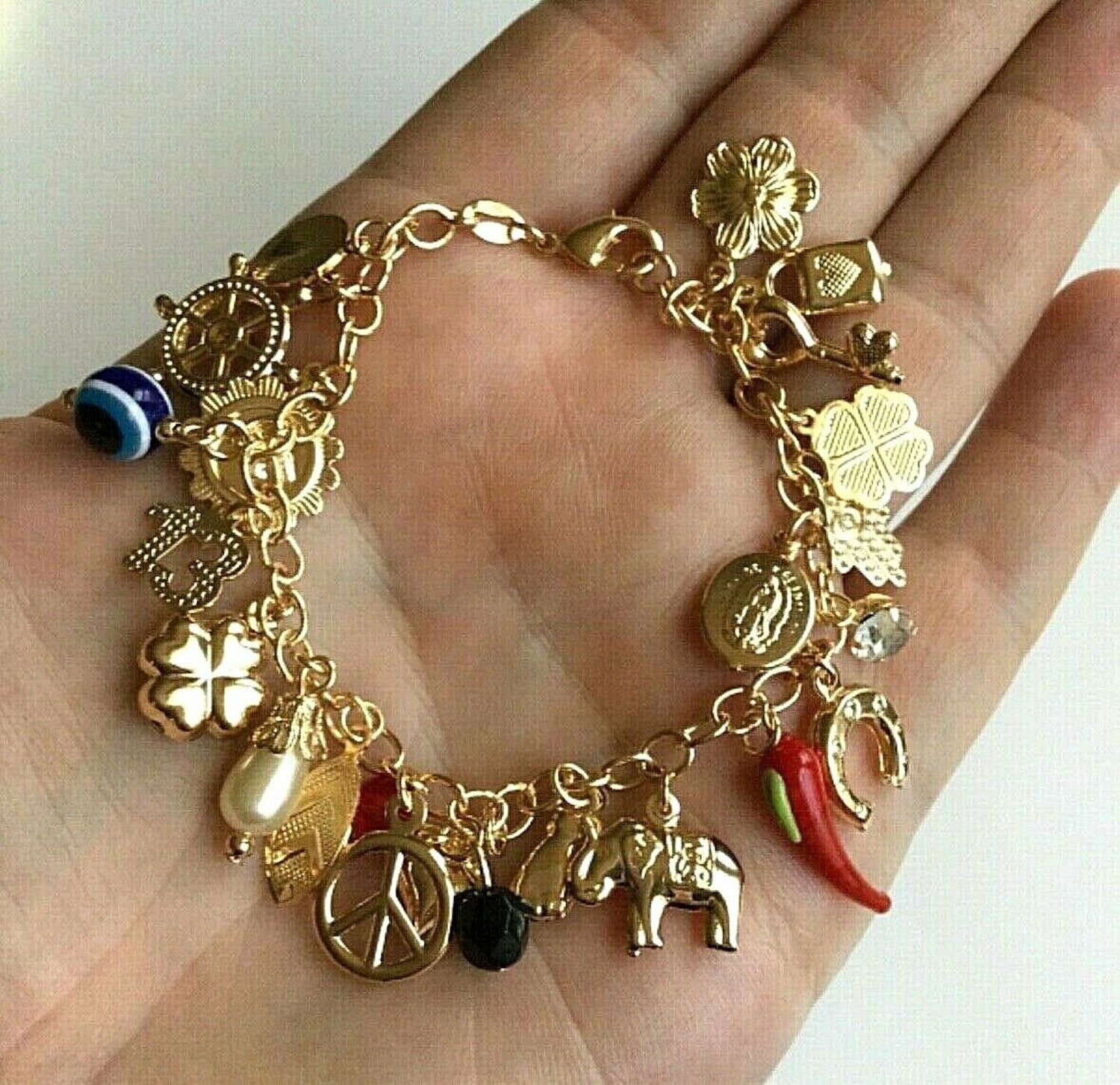 18K GOLD FILLED CHARM BRACELET LUCK,MONEY 7.25” LONG / PULSERA BUENA SUERTE- CB2