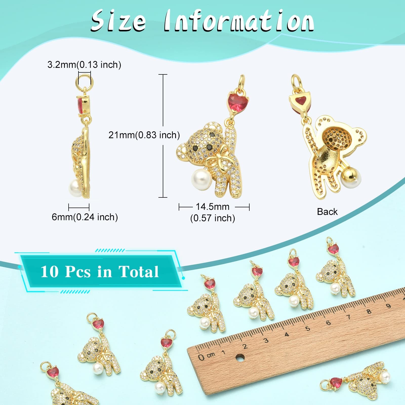 LiQunSweet 10 Pcs Micro Pave Cubic Zirconia Charms Lovely Sweet Red Heart Bear