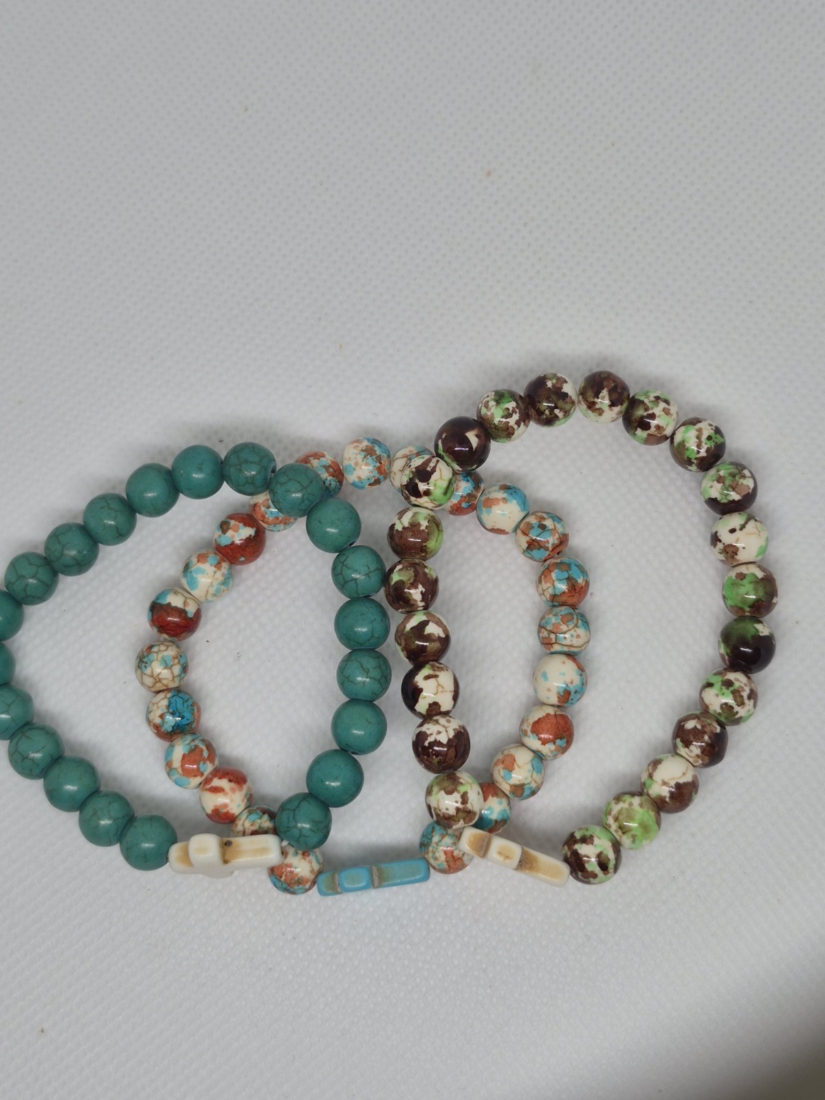 Lot of 3 Multicolor Stone Beaded Stretch Bracelets w/ Cross Charm