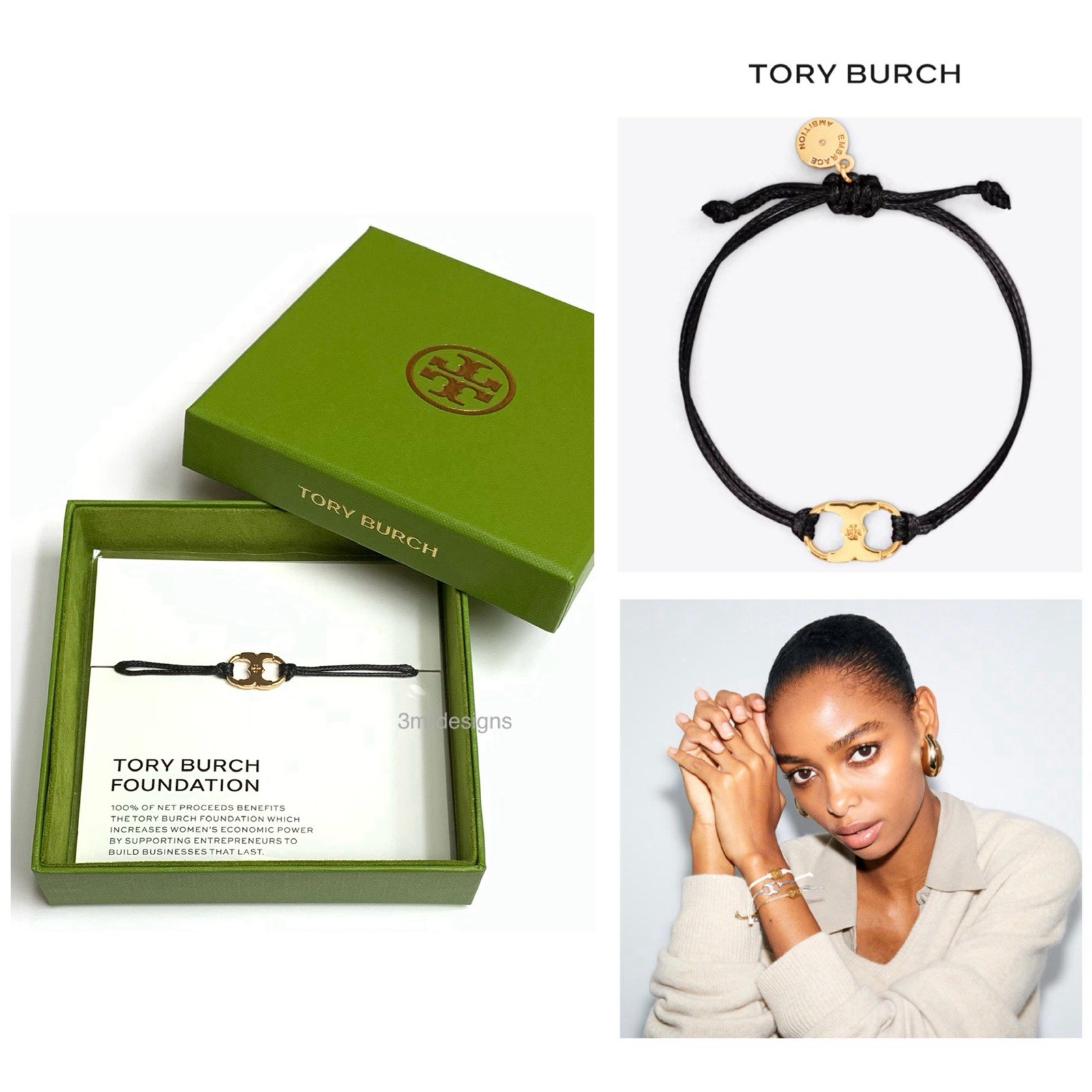 NWT TORY BURCH EMBRACE AMBITION 18K-Gold Plated Brass Black Cord Slider Bracelet