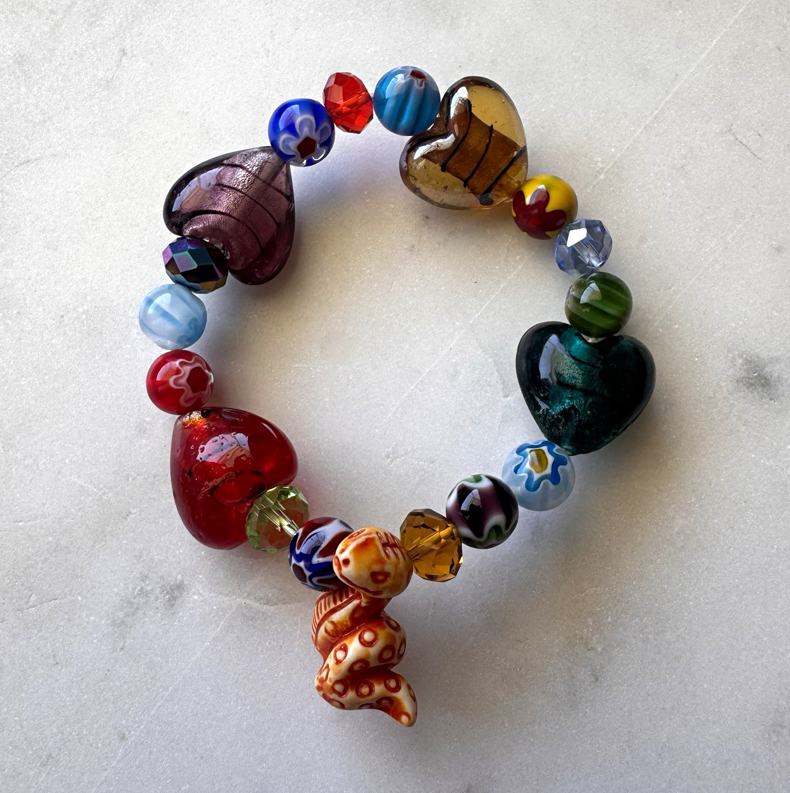 multicolor murano glass heart beaded stretch bracelet snake serpent accent charm