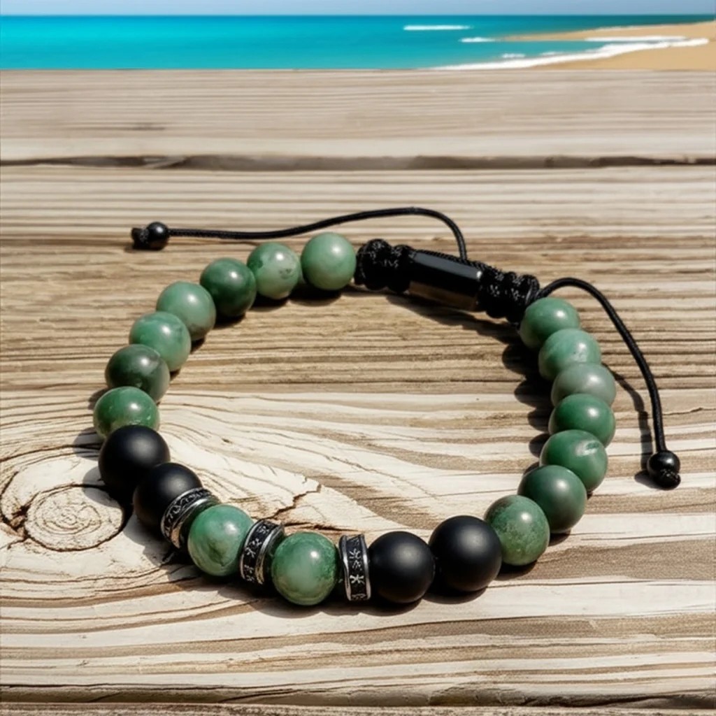 Natural Black Onyx & Green Jade 8mm Beaded Healing Protection Men’s Bracelet
