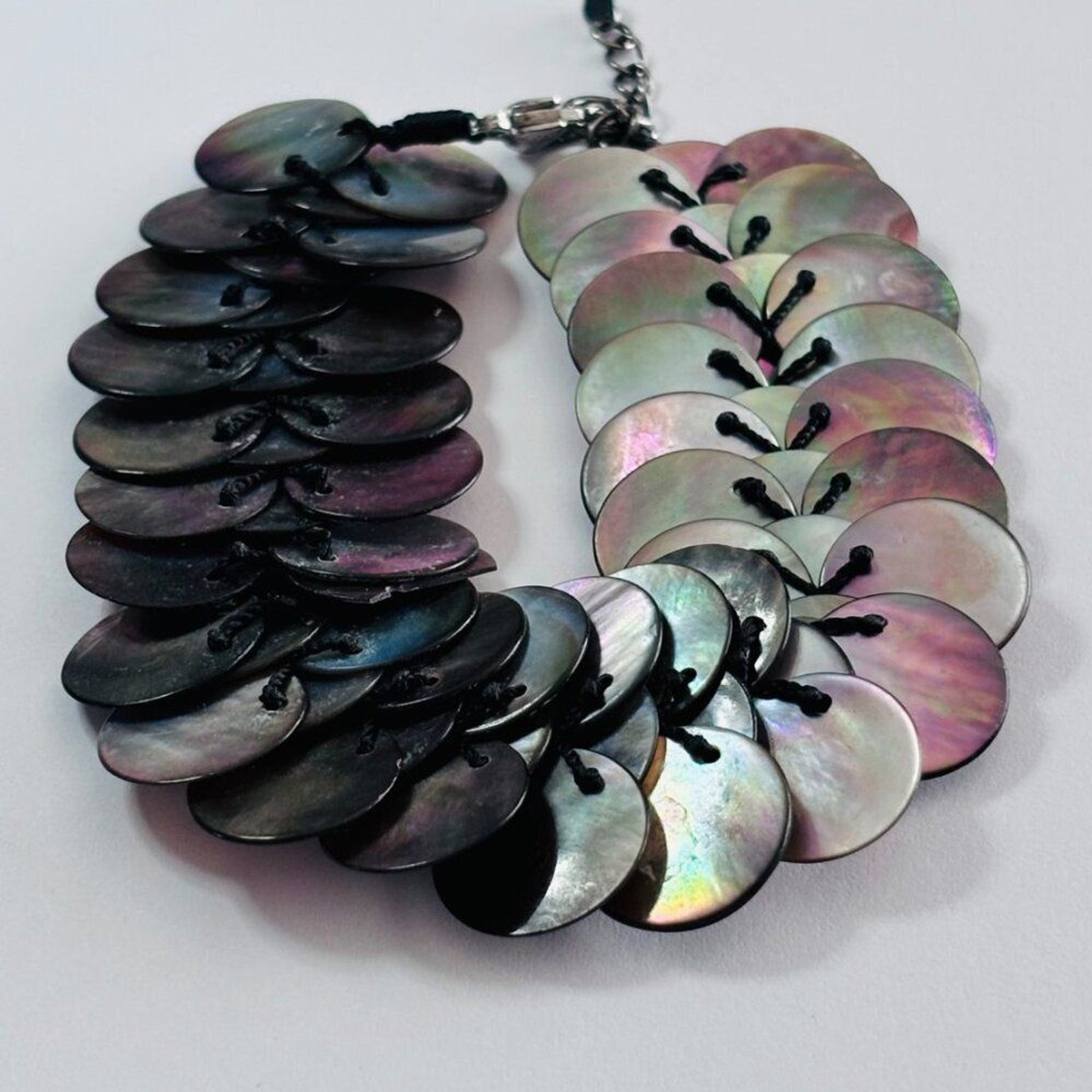 Chico’s Iridescent Mother of Pearl Shell Sequin Statement Bracelet Antiqued