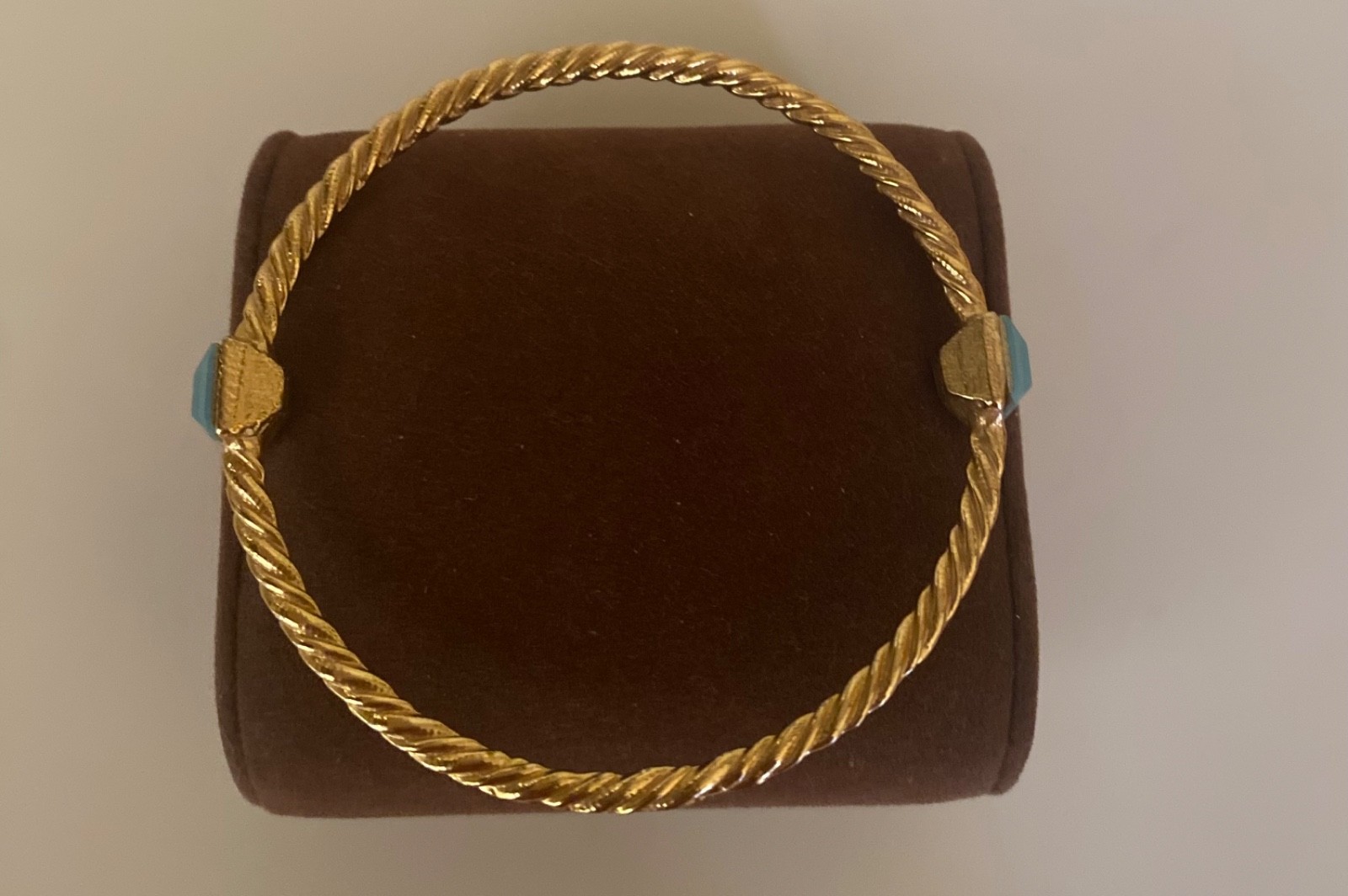 Vintage Gold Twisted Rope Cable Closed Bangle Slide On Bracelet Turquoise Stones