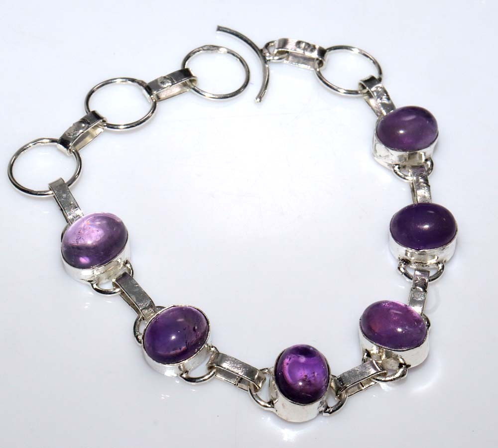 925 Silver Plated Decent Natural Amethyst Bracelet 8″ Well Made Gift Trendy GW