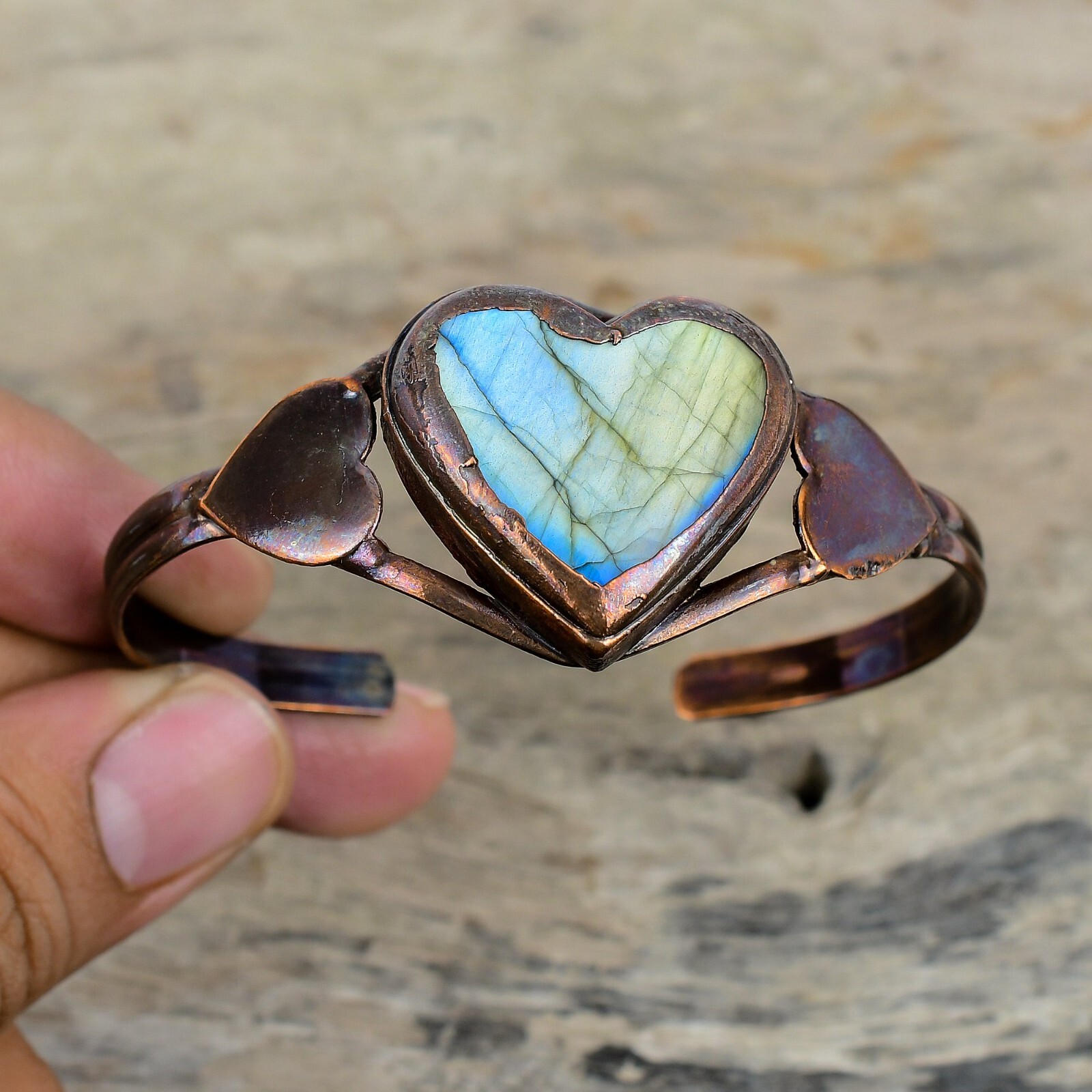 Gift For Women Jewelry Electroformed Heart Adjustable Bangle Copper Labradorite