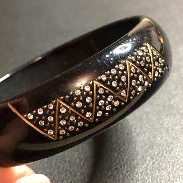 B3050 Art Deco Made in FRANCE Black Bangle Bracelet Rhinestone 8″ *missing stone