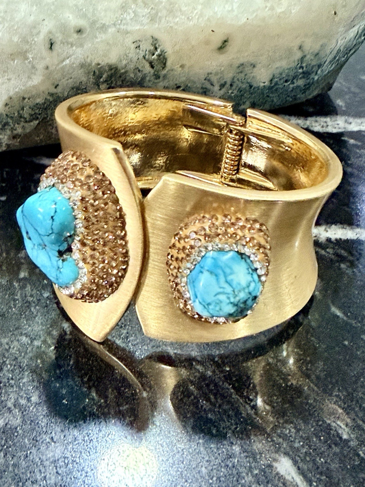 Gold Plated Asymmetrical Cuff Bracelet Blue Turquoise Bezel Set Hinged Stackable