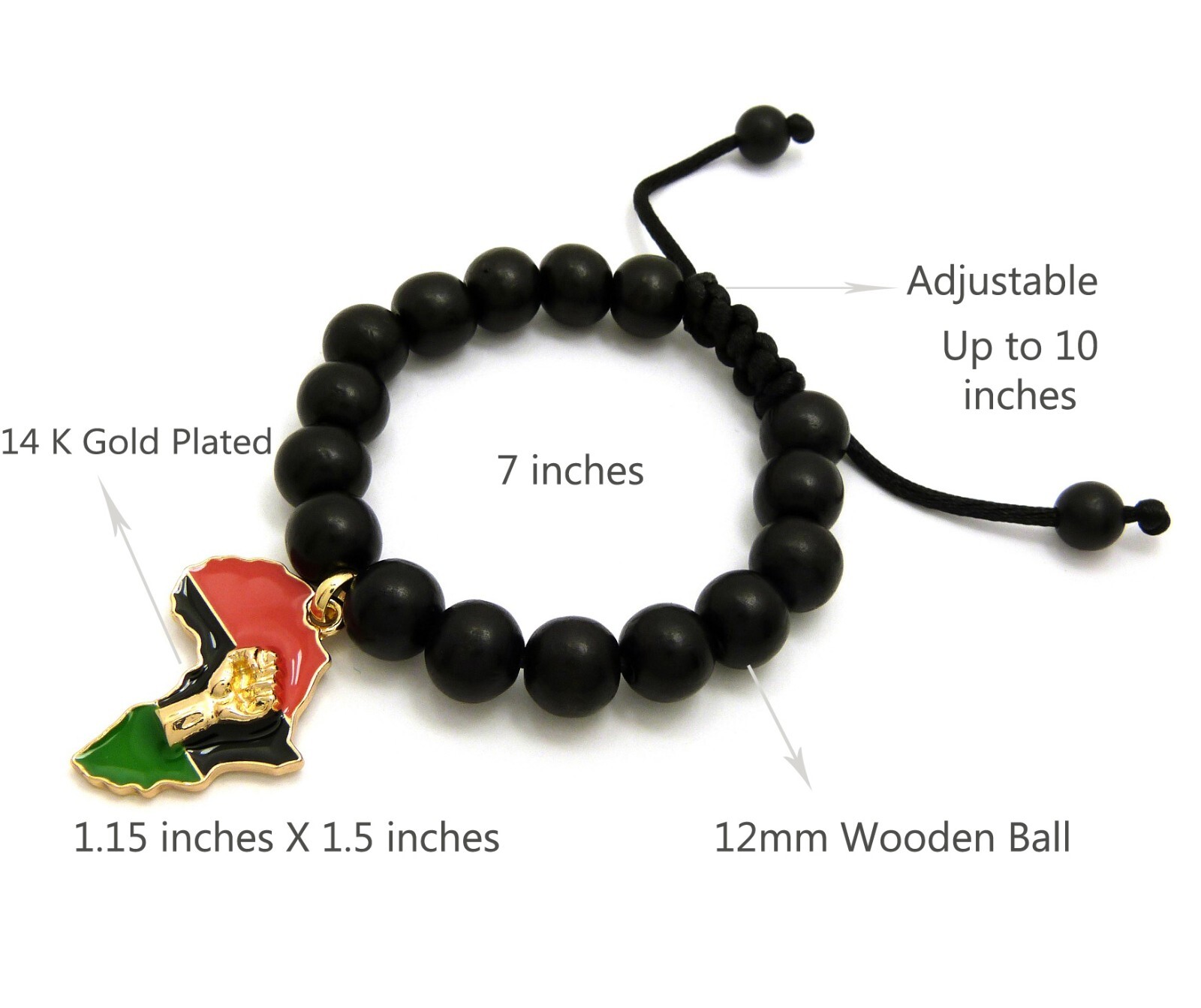 Fist Power Africa Map Charm Adjustable 12mm Wooden Bead Hip Hop Bracelet