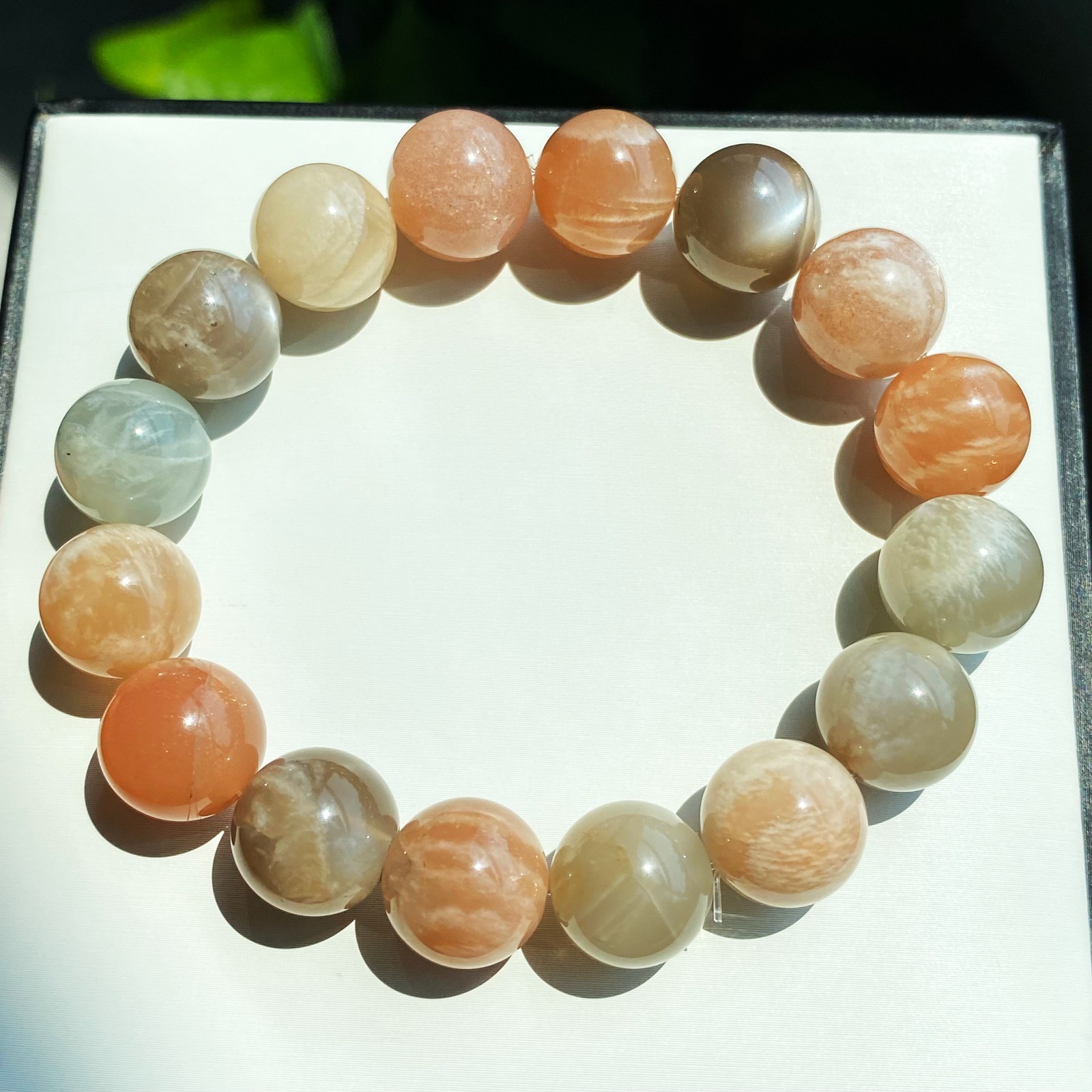 12.8mm Natural Color Moonstone Sunstone Strong Light Crystal Beads Bracelet 016