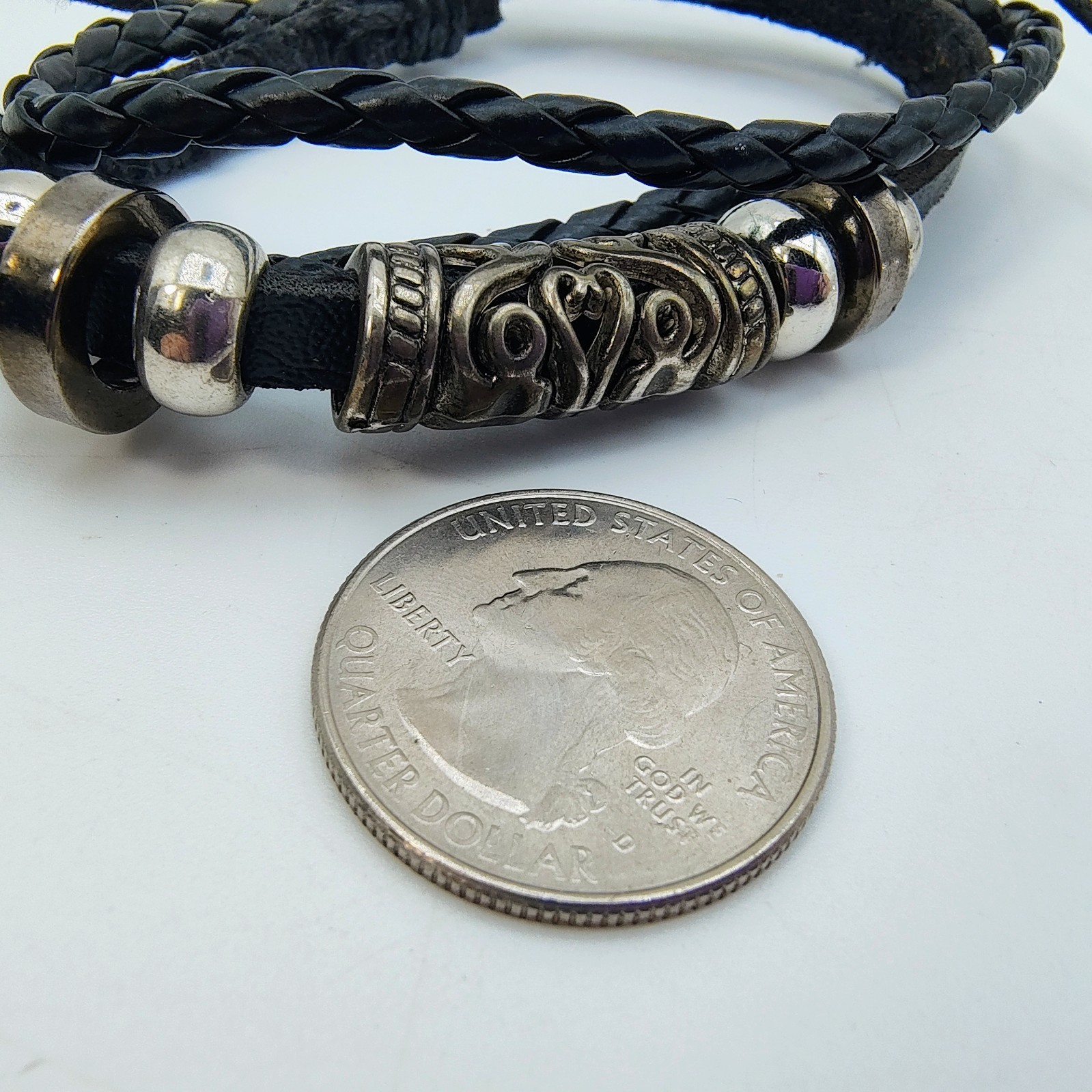 Black Faux Leather Bracelet Set of 2 Silver Tone Scroll Y2K Rock Indie Grunge