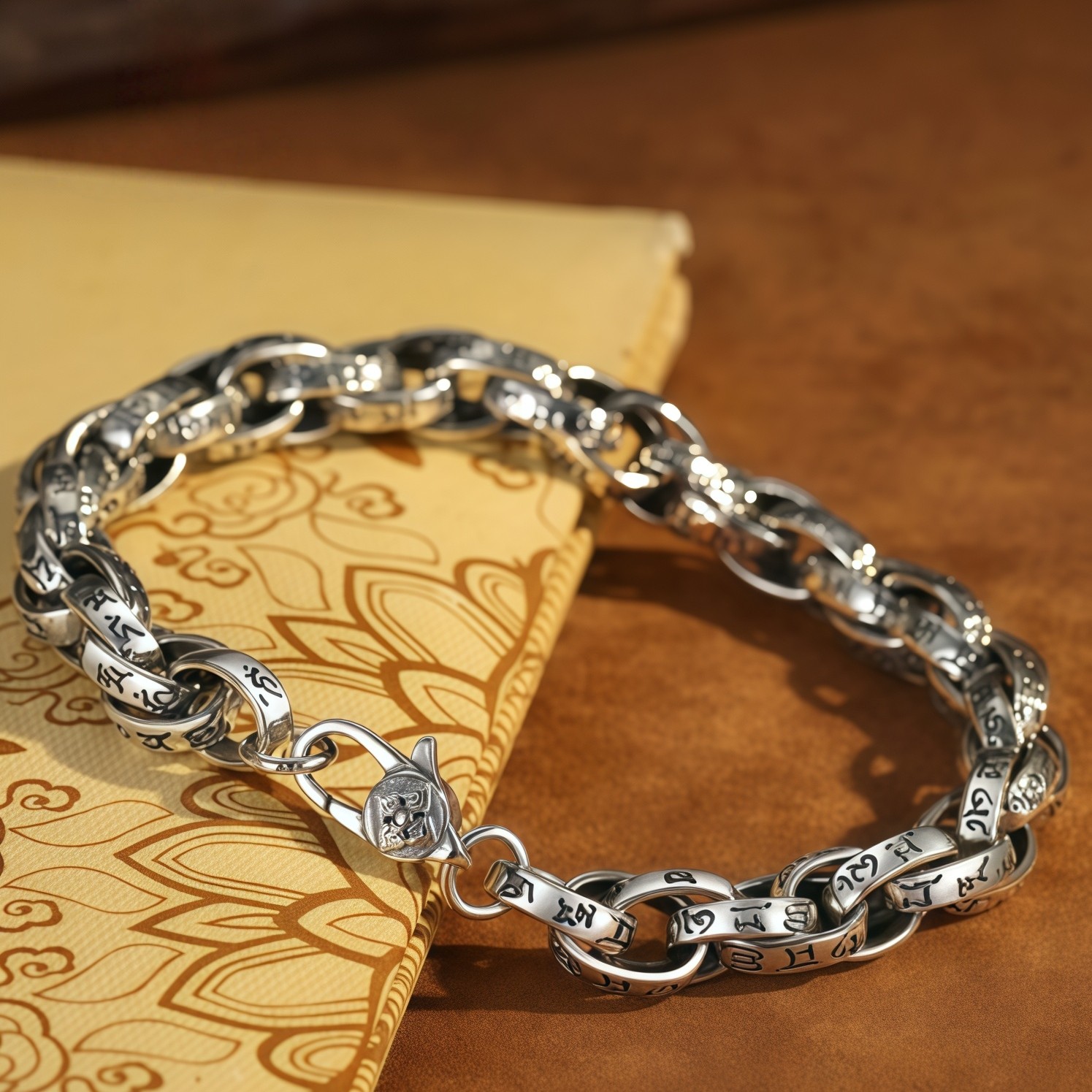 Vintage Scroll Engraved Curb Copper Chain Bracelet Plated Antique Silver for Men