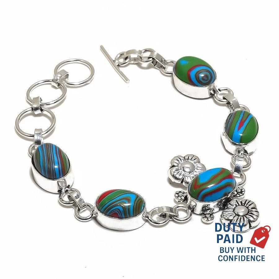 Genuine Rainbow Calsilica Channel Set Wife Chain Bracelet Jewelry Silver Plated