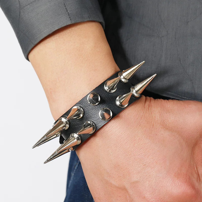 Faux Leather Wrap Bracelet Women Double Row Spiked Black Round Layered Jewelry