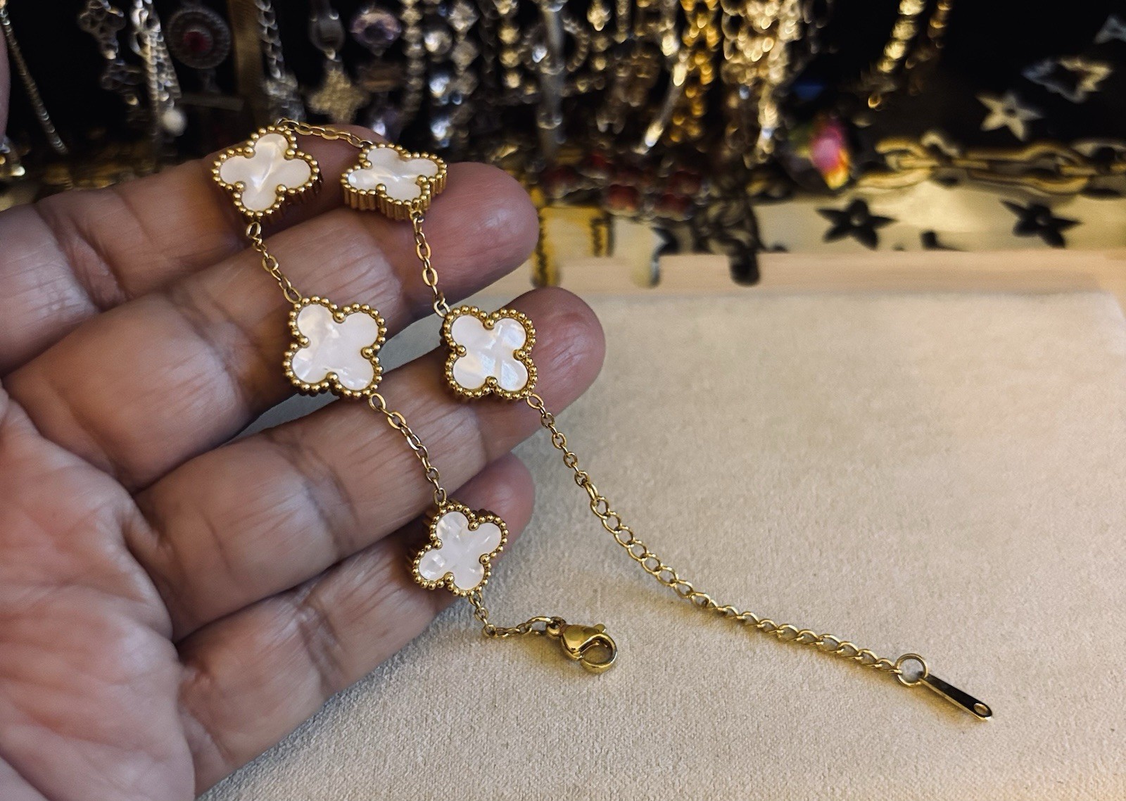 Gold Tone White Mother of Pearl Clover Charm Cable Chain Bracelet, Adjustable