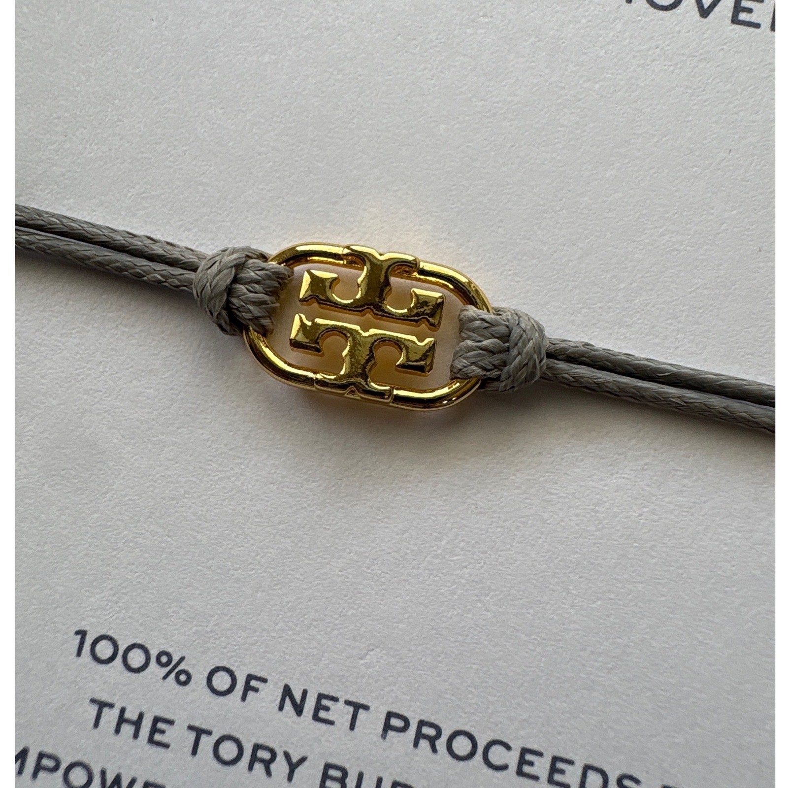 Tory Burch Embrace Ambition Grey Silk Cord Gold Gemini Link Bracelet Womens