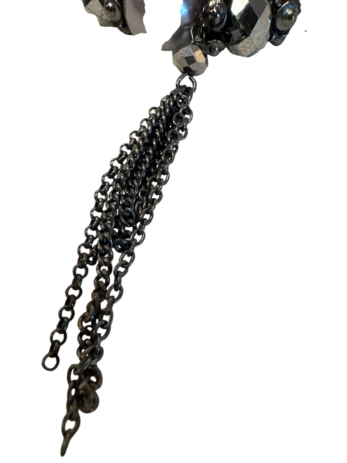 Stretch Bracelet Gray Faux Pearl & Metallic Bead Tassel Accent Faceted Chunky