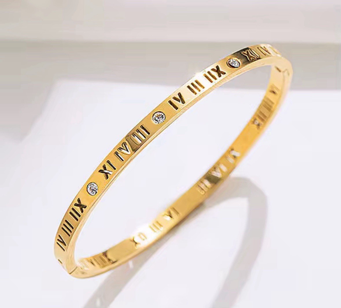 Stainless Steel Gold Roman Numeral Tarnish-Free Cuff Bangle Bracelet Size 7