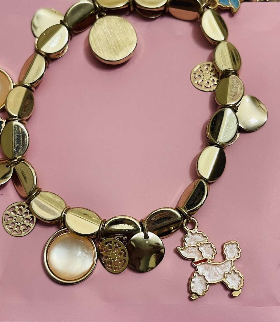 Gold Beaded Lace/Filigree Disks Enamel Charms, Cabochons, stretch bracelet