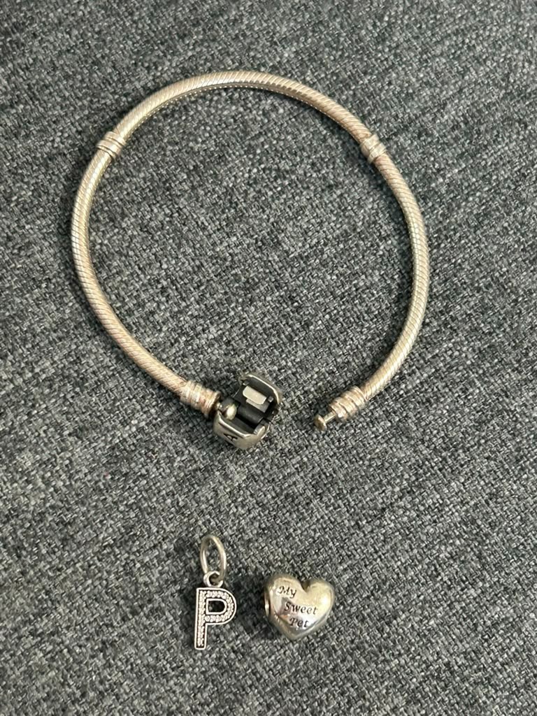 Authentic Pandora Charm Bracelet 925 w/ Letter P Crystal & My Sweet Pet Heart